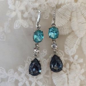 Teardrop Earrings with Faux Aquamarine and Rhinestones, Silver tone